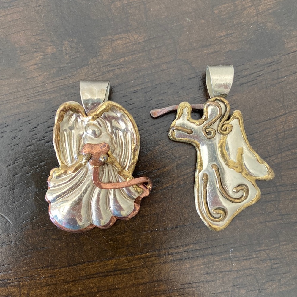 ARTISAN made copper, brass & tin Angel pendants set of 2 HTF beautiful